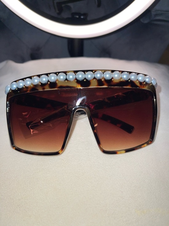 Accessories - Tortoiseshell Shield Sunglasses with Pearl Trim - Brown